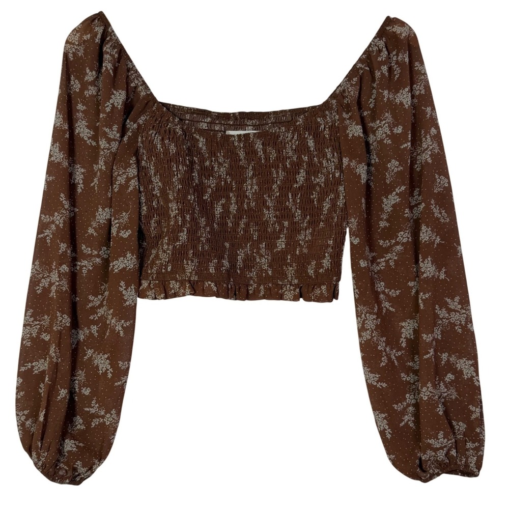 Altar'd State Womens XS Brown Floral Smocked Crop Top Boho Cottagecore